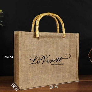 LadiArchitect Brand Burlap Tote bag with bamboo handles