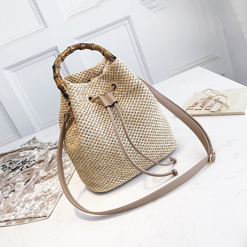 Drawstring Straw Bucket Bag